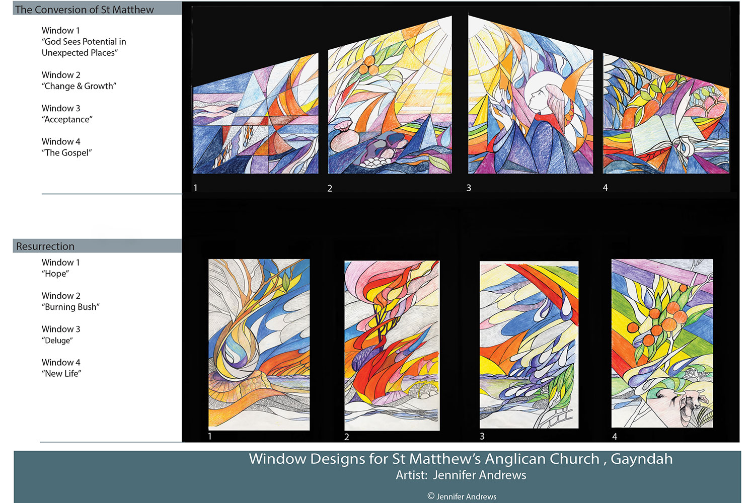 Stained glass window designs for St Matthews Anglican Church Gayndah Qld. Designs by Jennifer Andrews